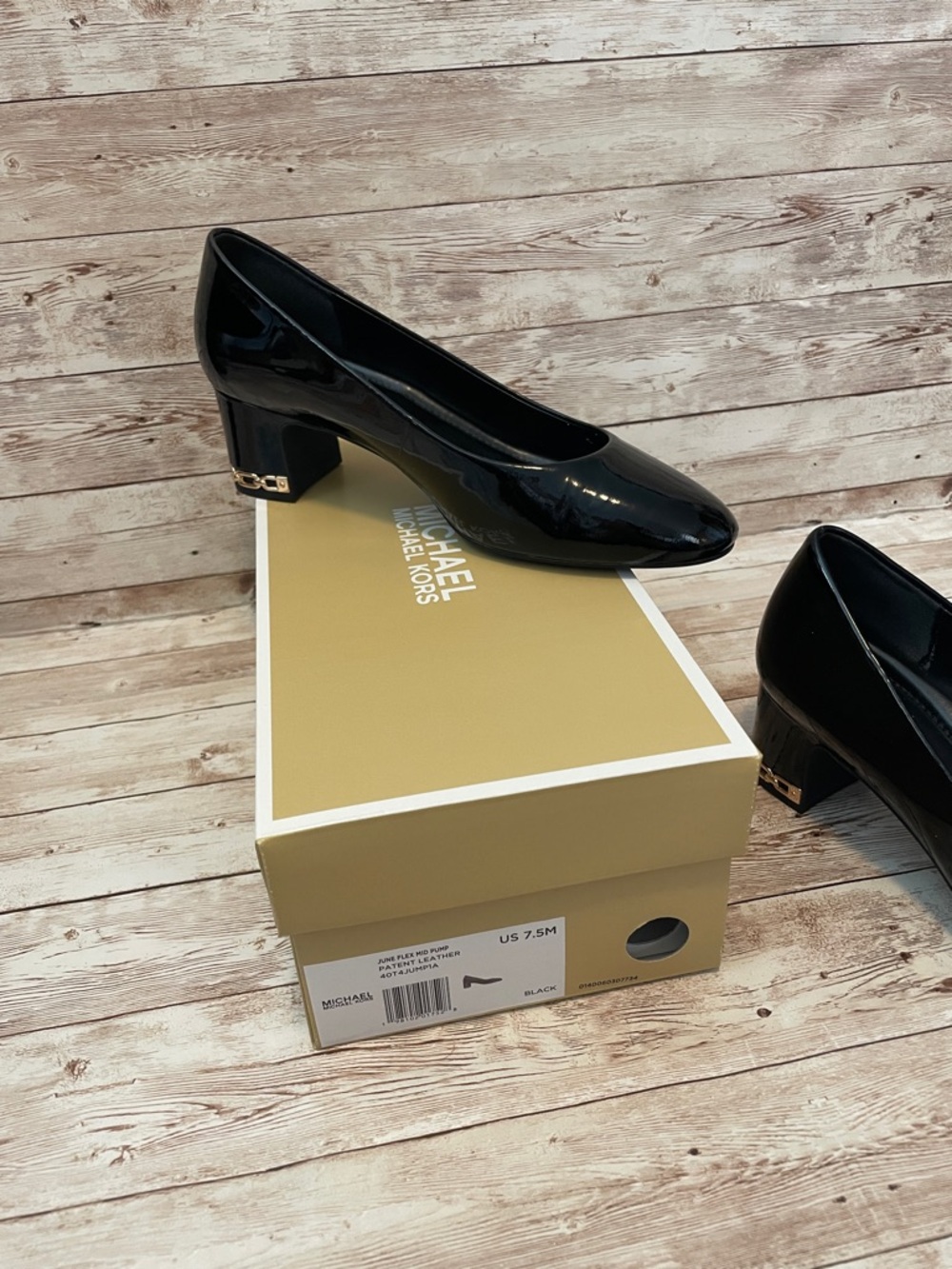Michael Kors New Black Patent Leather Block Heel Pumps with Gold Accent
